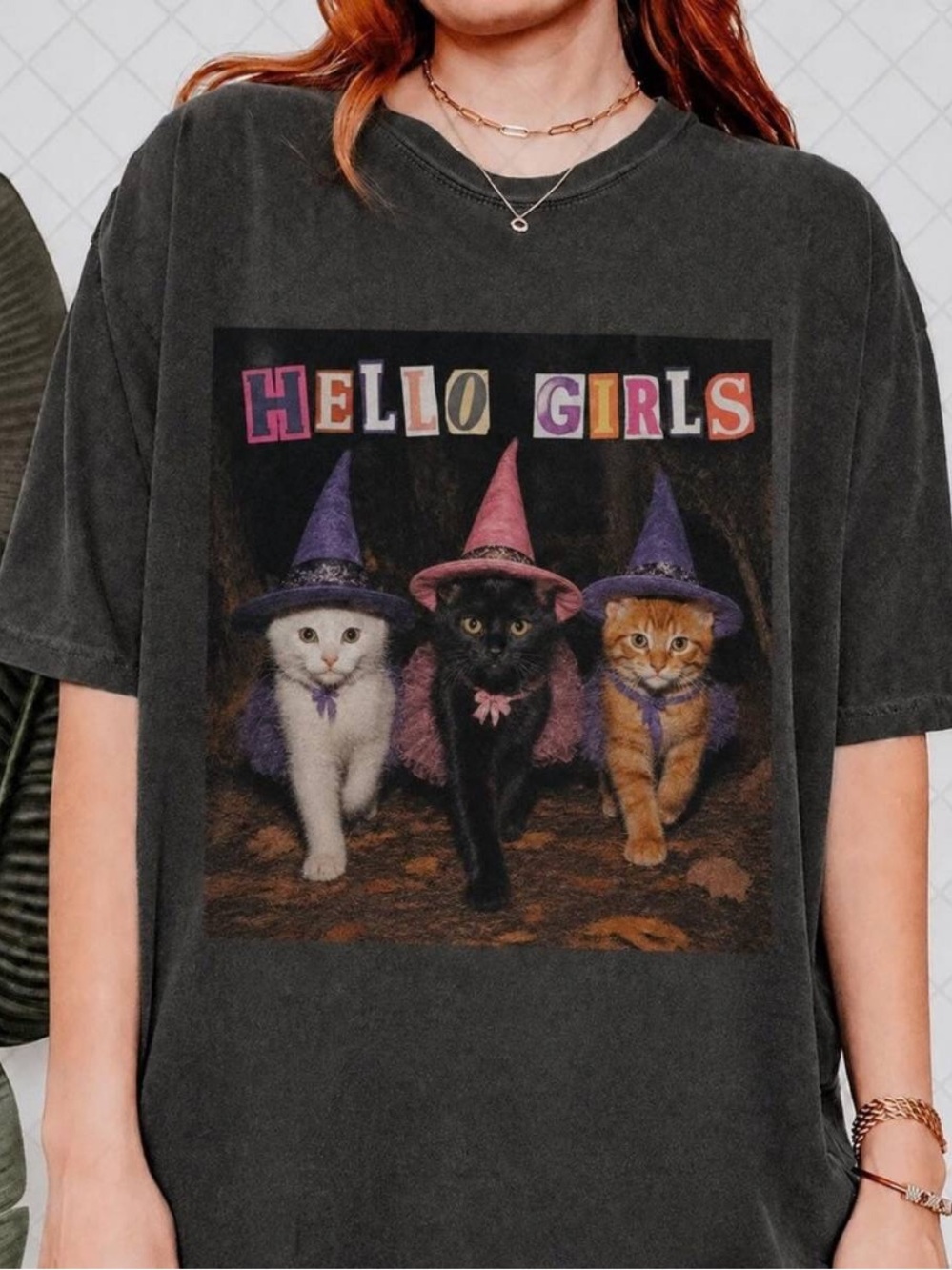Comfort Colors Hello Girls Cat Graphic Tee - Black with Purple & Pink Accents